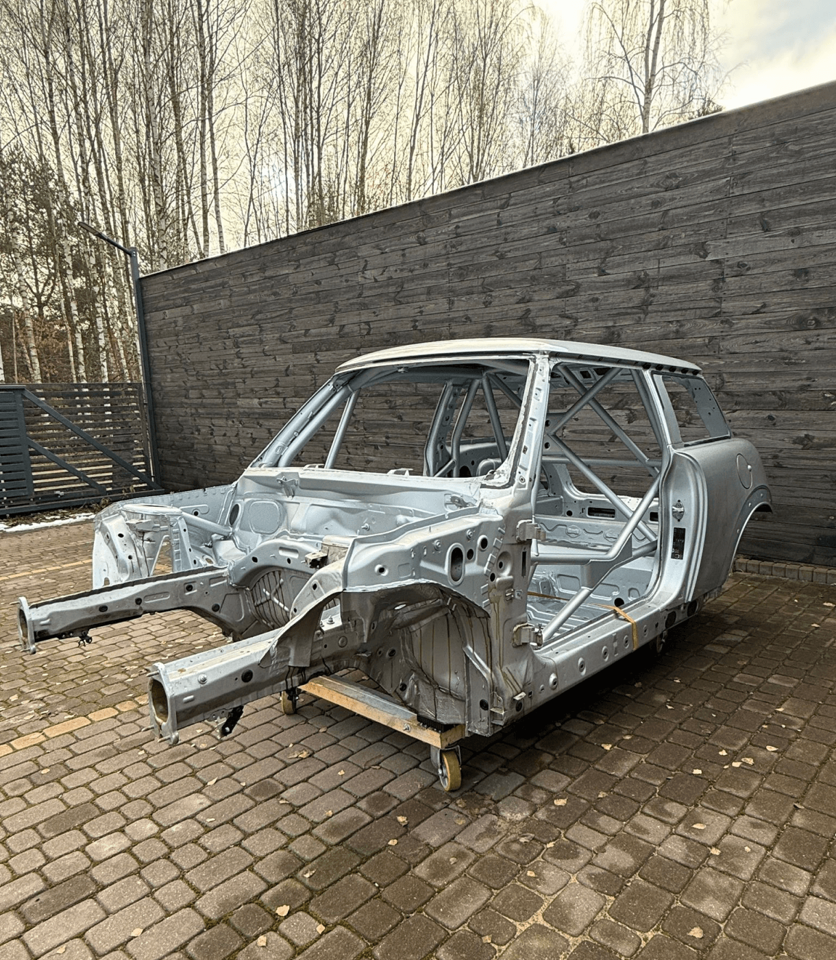 MINI R56 race car build – stripped body shell after full disassembly